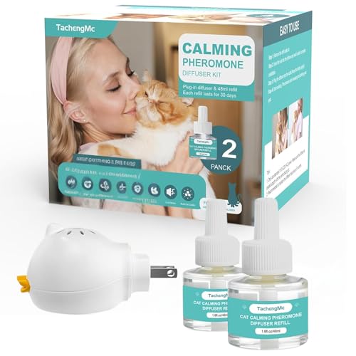 TachengMc Beruhigender Diffusor für Katzen, Pheromone, beruhigender Diffusor, Premium-Katzenberuhigungsdiffusor, Linderung von Angstzuständen, mit 1 Diffusor + 2 Nachfüllpackungen, 48 ml von TachengMc