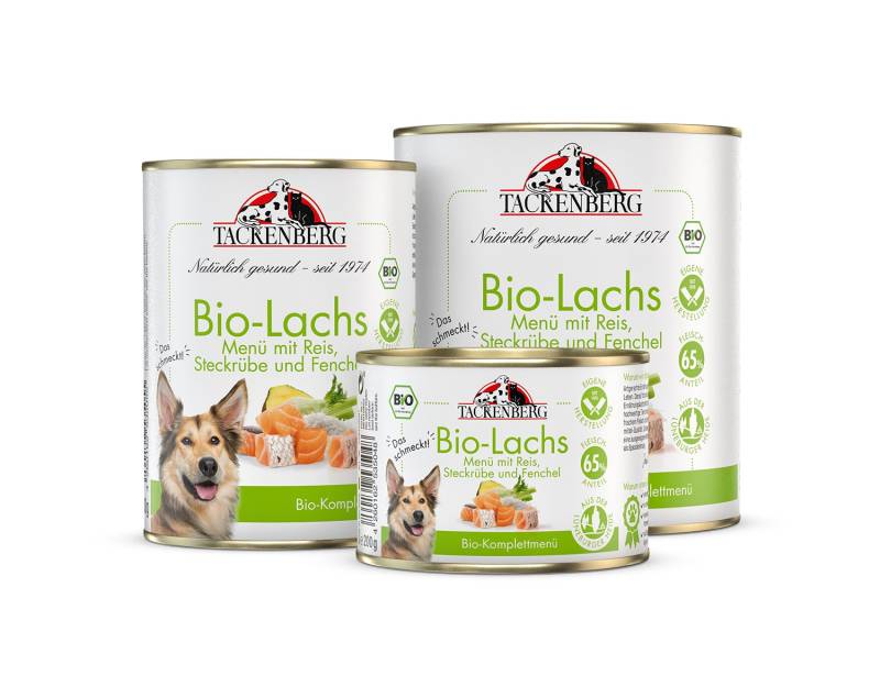 Bio Dosen Menü mit Lachs & Reis für Hunde  - 24 x 400 g - Premiumqualität von Tackenberg von Tackenberg