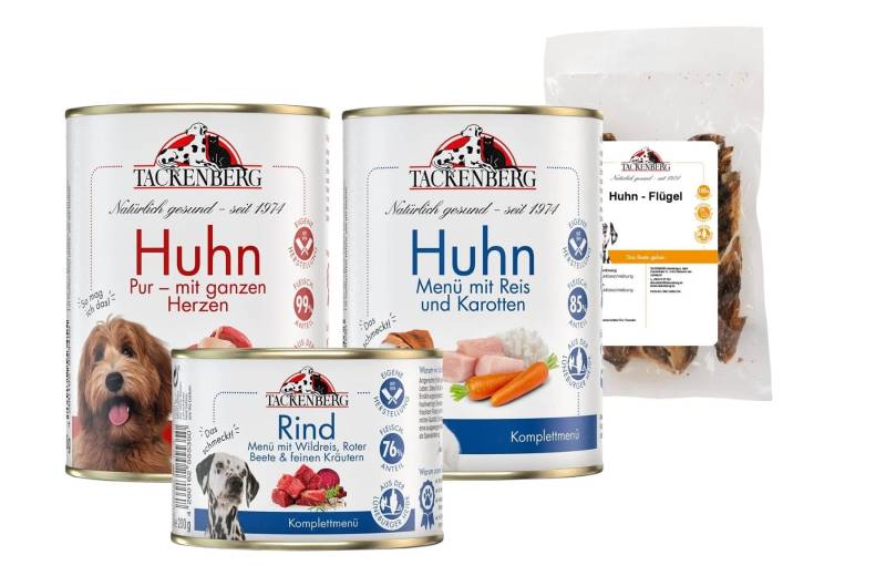 Nassfutter Probierpaket mit saftigem Rindfleisch und zartem Huhn   | Nassfutter Probierpakete für Hunde  - 19 Artikel - Premiumqualität von Tackenberg von Tackenberg