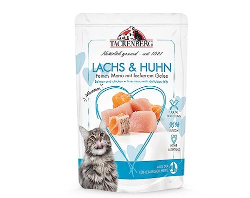 TACKENBERG Katzenfutter Lachs und Huhn, Nassfutter für Katzen - 12x85 g - Hochwertiges Katzennassfutter für eine ausgewogene Ernährung in Premiumqualität - ohne Zuckerzusatz von Tackenberg