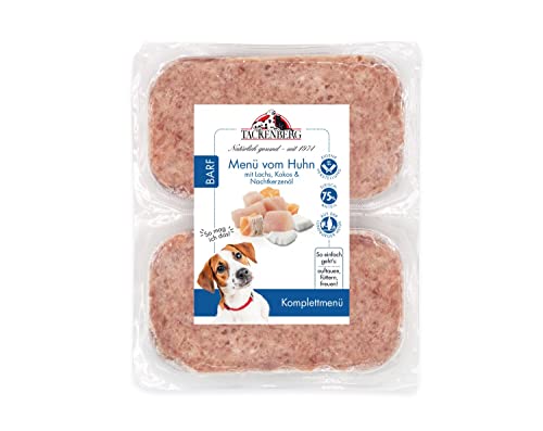 TACKENBERG Barf Menü mit Hühnerfleisch, Lachs, Kokos und Nachtkerzenöl für Hunde - 14 x 500 g - leckeres Frostfleisch als Hundefutter in Premiumqualität - Gefrierfutter von Tackenberg