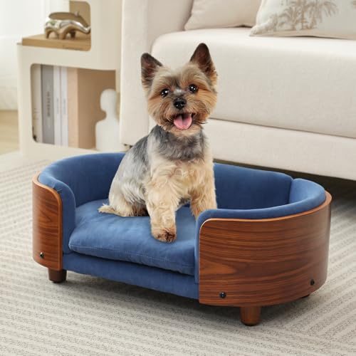 Tacotimo Hundesofa für kleine Hunde, erhöhtes Couchbett für Hunde mit abnehmbarem und waschbarem Samtbezug, Holz, modern, erhöhtes Haustierbett, Couch, kratzfest, schmutzabweisend, bis zu 13,6 kg von Tacotimo