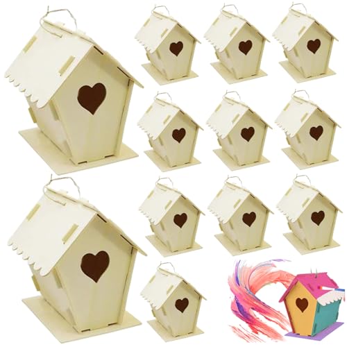 12 Stück Bird House Kit, DIY unbemalte hölzerne Vogelhäuser Herz & Zaun Vogelhaus mit hängenden Haken 4x4,3 x 5,5 kleine Vogelhäuser für Erwachsene Kinder zum BAU von Tadoiooy