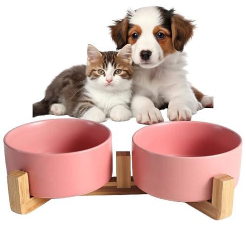 Basisschalen, Keramikhundschalen, 395 ml Hundefutter und Wasserschüssel mit einem Rutschholz-Holzständer, vergleichbarer Hundemittel, Wide Mund Pet Bowl für Katzen und Hunde von Tadoiooy