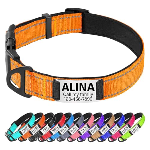 TagME Hundehalsband personalisiert, Reflektierendes gepolstertes Nylon Hundehalsband für große Hunde mit Namen und Telefonnummer von TagME