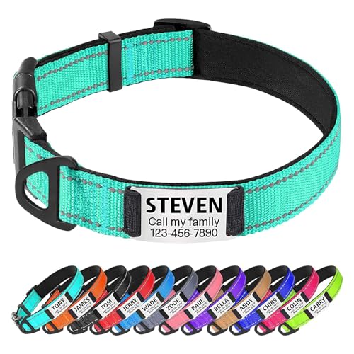 TagME Hundehalsband personalisiert, Reflektierendes gepolstertes Nylon Hundehalsband für große Hunde mit Namen und Telefonnummer von TagME