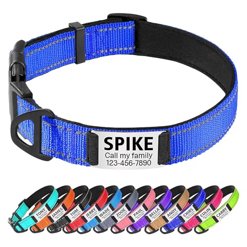 TagME Hundehalsband personalisiert, Reflektierendes gepolstertes Nylon Hundehalsband für mittelgroße Hunde mit Namen und Telefonnummer von TagME