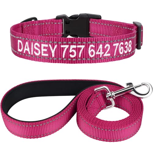 TagME Hundehalsband und Leine, Personalisierbar Reflektierendes Hundehalsband Mit 1.5M Doppelseitige Reflektierende Hundeleine für Große Hunde, Hot Pink von TagME