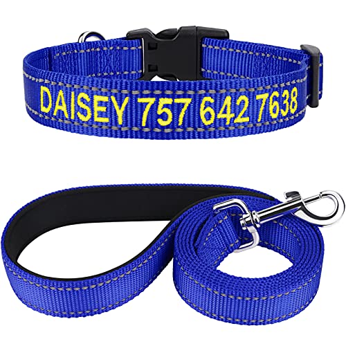TagME Hundehalsband und Leine, Personalisierbar Reflektierendes Hundehalsband Mit 1.5M Doppelseitige Reflektierende Hundeleine für Große Hunde, Königsblau von TagME