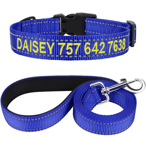 TagME Hundehalsband und Leine, Personalisierbar Reflektierendes Hundehalsband Mit 1.5M Doppelseitige Reflektierende Hundeleine für Große Hunde, Königsblau von TagME