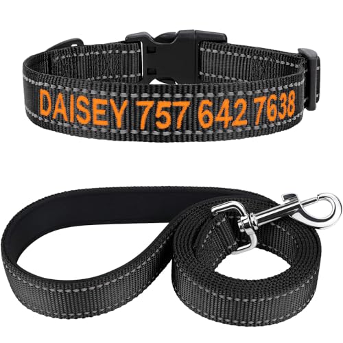 TagME Hundehalsband und Leine, Personalisierbar Reflektierendes Hundehalsband Mit 1.5M Doppelseitige Reflektierende Hundeleine für Große Hunde, Schwarz von TagME