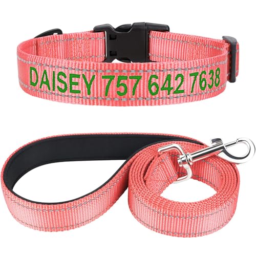 TagME Hundehalsband und Leine, Personalisierbar Reflektierendes Hundehalsband Mit 1.5M Doppelseitige Reflektierende Hundeleine für Kleine, Babyrosa von TagME