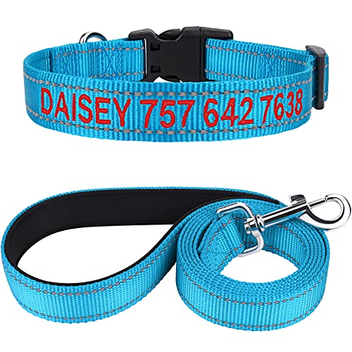 TagME Hundehalsband und Leine, Personalisierbar Reflektierendes Hundehalsband Mit 1.5M Doppelseitige Reflektierende Hundeleine für Kleine, Himmelblau von TagME