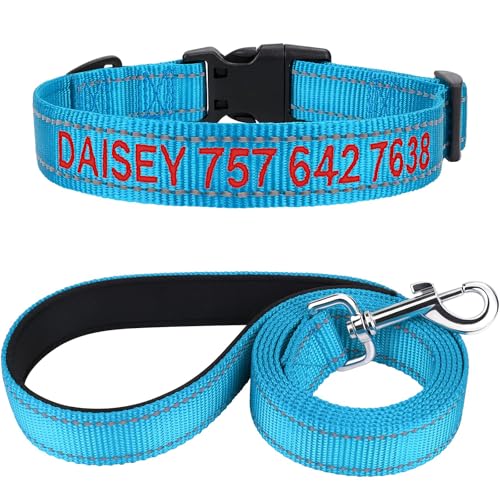 TagME Hundehalsband und Leine, Personalisierbar Reflektierendes Hundehalsband Mit 1.5M Doppelseitige Reflektierende Hundeleine für Kleine, Himmelblau von TagME