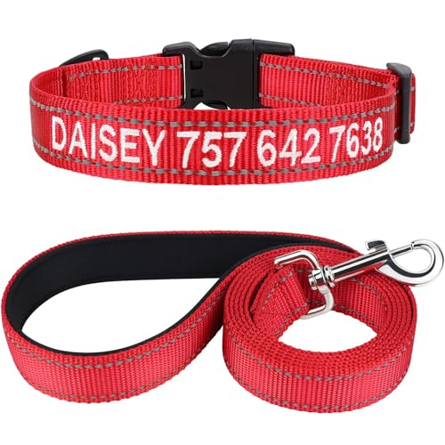 TagME Hundehalsband und Leine, Personalisierbar Reflektierendes Hundehalsband Mit 1.5M Doppelseitige Reflektierende Hundeleine für Kleine, Rot von TagME