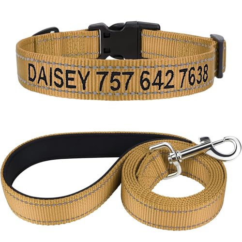 TagME Hundehalsband und Leine, Personalisierbar Reflektierendes Hundehalsband Mit 1.5M Doppelseitige Reflektierende Hundeleine für Mittelgroße, Khaki von TagME