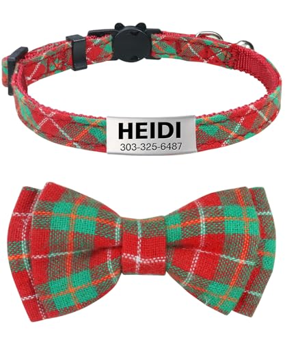 TagME Katzen halsbänder mit Namen und Telefonnummer Auf, Kätzchenhalsband mit Sicherheits Verschluss und Glöckchen,Rotes Grünes Plaid von TagME