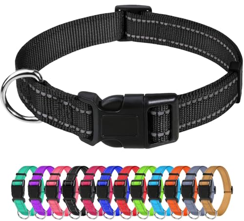 TagME Nylon Hundehalsband, Verstellbares Reflektierendes Hundehalsband mit Sicherheitsschnalle für Kleiner Hund, Schwarz, 2.0cm Breite von TagME