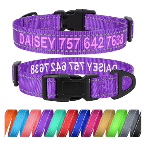 TagME Personalisierte Hundehalsband für Große Hund Mit Gestickten, Reflektierendes Nylon Hundehalsband Mit Pet Name & Telefonnummer, Lila XL von TagME