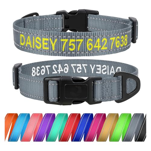 TagME Personalisierte Hundehalsband für Mittlerer Hund Mit Gestickten, Reflektierendes Nylon Hundehalsband Mit Pet Name & Telefonnummer, Grau M von TagME