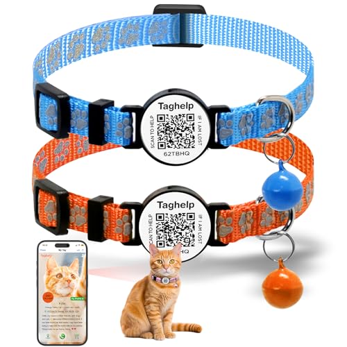 Reflektierendes Katzenhalsband mit Glöckchen, Smart-ID-Tag und QR-Code-Namensschild, niedliches Pfotenabdruck-Design für Katzen, Kätzchen, Welpen, personalisierbar, Blau und Orange, 2 Stück von Taghelp