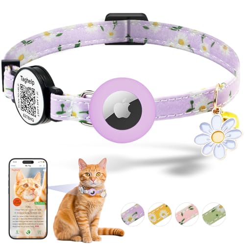 Airtag Katzenhalsband, leicht und bequem, Glocken- und Blumen-Charm-Halsband mit Silikonanhänger und Apple-Airtag-Halter, Smart-ID-Tag, GPS-Katzenhalsband für Katzen, Kätzchen und Welpen (lila) von Taghelp