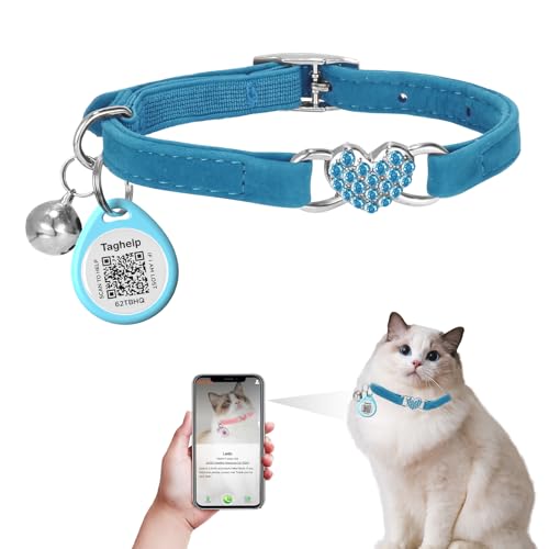 Katzenhalsband mit Herz-Glitzer, mit Sicherheitsgurt und Glöckchen, verstellbar, 20,3–33 cm, für Kätzchen, Katzen, mit QR-ID-Tag für Mädchen und Katzen, personalisiertes Katzenhalsband mit QR-Code, von Taghelp