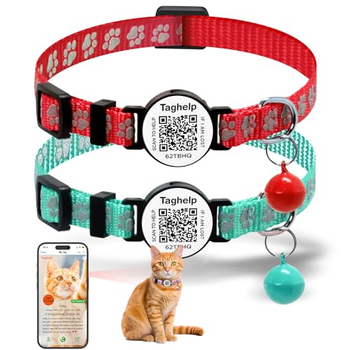 Katzenhalsbänder mit Glöckchen und reflektierendem Sicherheitsdesign, niedliches Pfotenabdruck-Nylon-Kätzchen-Halsband für Mädchen und Jungen, inkl. intelligentem QR-Code-ID-Etikett (Rot und Grün), 2 von Taghelp