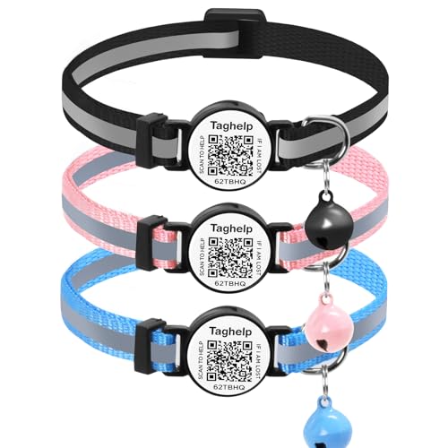 Reflektierendes Kätzchen-Halsband mit Glöckchen, Katzenhalsband mit QR-Code-Namensschild, personalisierbar, ultra-langlebig, verstellbar, Schnellverschluss, Schwarz & Blau & Rosa, nur Halsband) von Taghelp