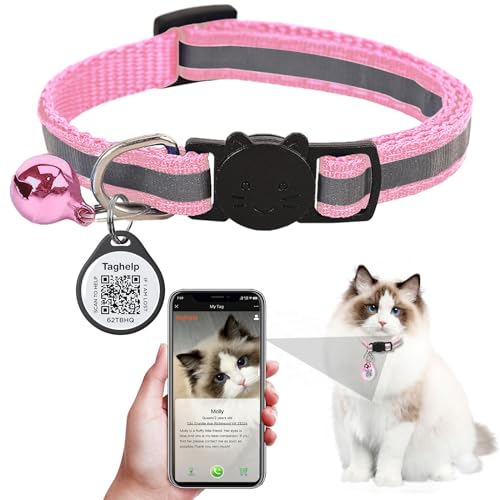 Reflektierendes Katzenhalsband mit QR-Code-Tag für Mädchen und Jungen, Katzen-Namensschild, Kätzchen-Halsbänder mit Glöckchen, personalisierbare Echtzeit-Scan-Benachrichtigungen (Rosa) von Taghelp