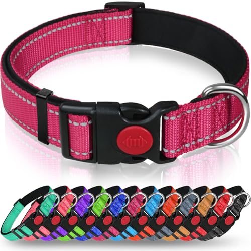 Taglory Hundehalsband, Weich Gepolstertes Neopren Nylon Hunde Halsband für Extra Große Hunde, Verstellbar und Reflektierend für das Training, Hot Pink von Taglory