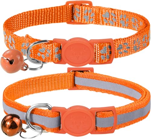 Taglory Reflektierend Katzenhalsband mit Sicherheitsverschluss und Glöckchen, 2-Stück Verstellbar Halsband Katze Kitten, 19-32cm Orange von Taglory