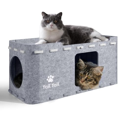 Tail Tail Katzenbett für Indoor-Katzen, 2-stöckiges großes Spiel- und Schlaf-Katzenhaus, kratzfeste Peekaboo-Katzenhöhlen, niedliches modernes Katzenversteck für mehrere kleine Haustiere und große von Tail Tail