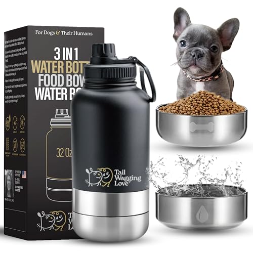 Tail Wagging 3-in-1 tragbare Hunde-Reise-Wasserflasche mit zwei abnehmbaren Wasser- und Futternäpfen, 907.2 g Edelstahl, isolierter Reise-Wasserflaschenspender für Hunde, langlebiges und von Tail Wagging Love