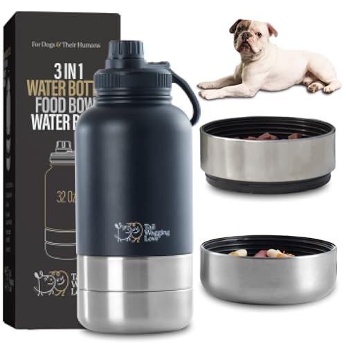 Tail Wagging 3-in-1 tragbare Hunde-Reise-Wasserflasche mit zwei abnehmbaren Wasser- und Futternäpfen, 907.2 g Edelstahl, isolierter Reise-Wasserflaschenspender für Hunde, langlebiges und von Tail Wagging Love