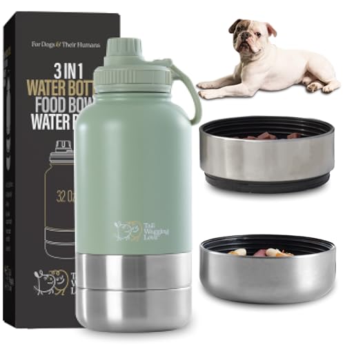 Tail Wagging 3-in-1 tragbare Hunde-Reise-Wasserflasche mit zwei abnehmbaren Wasser- und Futternäpfen, 907.2 g Edelstahl, isolierter Reise-Wasserflaschenspender für Hunde, langlebiges und von Tail Wagging Love