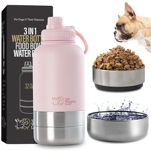 Tail Wagging Love 3-in-1-Reise-Wasserflasche für Hunde und Menschen, Doppelnutzung, Edelstahl, hält Wasser 6 Stunden heiß/kalt 12 Stunden, auslaufsicher, mit abnehmbaren Futter- und Wassernäpfen, von Tail Wagging Love