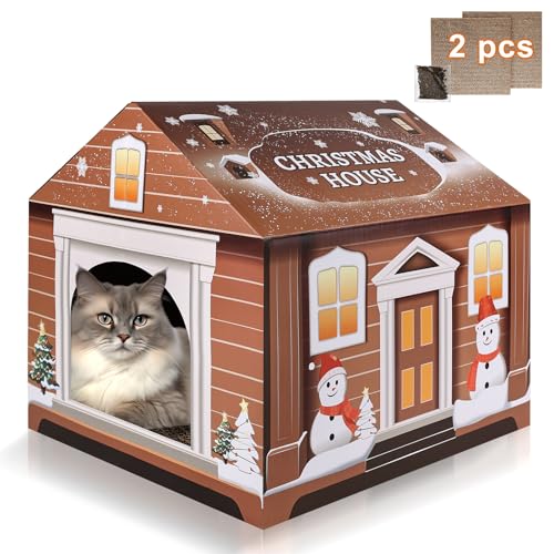 Katzenhaus aus Karton mit 2 Kratzern und Katzenminze – Weihnachtskatzenhaus für Hauskatzen (35,6 x 35,6 x 33 cm) – Katzenkratzhaus für Katzen, Geburtstag, Hasen und kleine Katzen von TailTastic