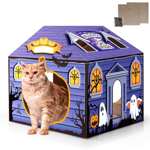 Tailtastic Katzenhaus aus Karton mit 2 Kratzern und Katzenminze – Halloween-Katzenhaus für Indoor-Katzen (35,6 x 35,6 x 33 cm) – Katzenkratzhaus für Katzen, Geburtstag, Hasen und Kleintiere von TailTastic