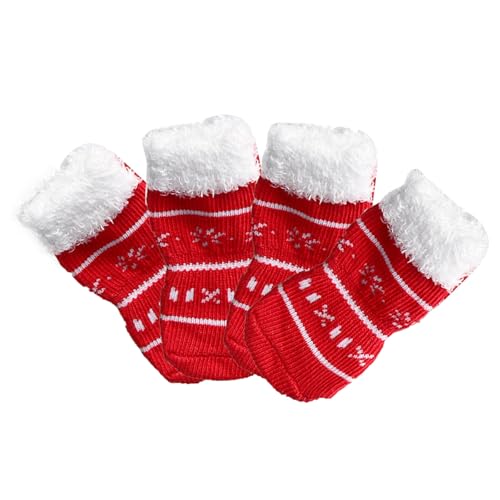 Tainrunse Kurze Socken für Welpen, bequem, Weihnachtsserie, Muster, Kätzchen, Welpen, kurz, kompatibel mit Spaziergängen, Rot, Weiß, Größe L, 4 Stück von Tainrunse