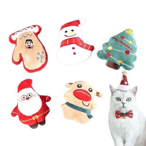 Takluu Weihnachts-Katzenminze-Spielzeug,Katzenminze-Spielzeug - Cartoon-Plüsch-Katzenspielzeug - 5 x weiche Stofftiere, niedliche Kauspielzeuge mit Glöckchen für Unterhaltung, Kauen, Training von Takluu