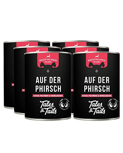 Tales & Tails Auf der PHIRSCH Nassfutter für Hunde | Mit 75% Hirsch als tierische Proteinquelle | Monoprotein | Nur 6 Zutaten | Hohe Akzeptanz & Verträglichkeit | 6X 400g von Tales & Tails PAWESOME FOOD FOR PETS