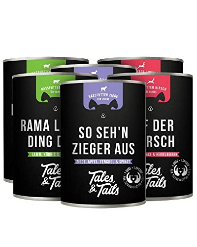 Tales & Tails Nassfutter Mix für Hunde | Mit Lamm, Ziege oder Hirsch als tierische Proteinquelle | 2 x je 3 Sorten | Monoprotein | Nur 6 Zutaten | Hohe Akzeptanz & Verträglichkeit | 6X 400g von Tales & Tails PAWESOME FOOD FOR PETS