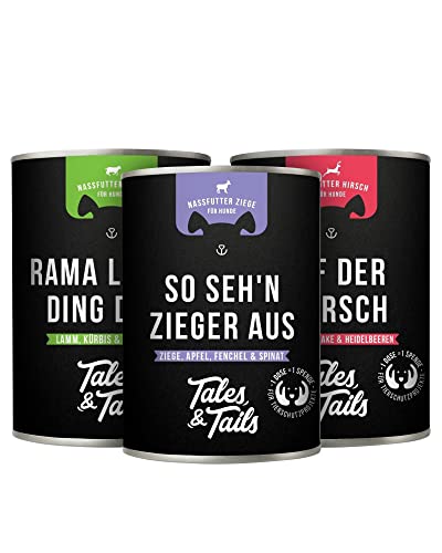 Tales & Tails Nassfutter Mix für Hunde | Mit Lamm, Ziege oder Hirsch als tierische Proteinquelle | 3 Sorten | Monoprotein | Nur 6 Zutaten | Hohe Akzeptanz & Verträglichkeit | 3X 400g von Tales & Tails PAWESOME FOOD FOR PETS