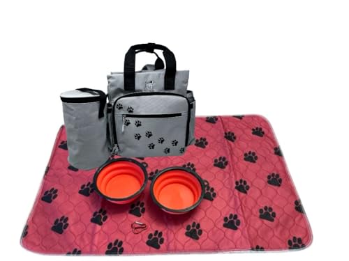 TALK TO THE PAW,Hunde-Rucksack – Hunde-Zubehör-Organizer – Wochenend-Reise – Futterbehälter-Tasche – Hunde-Reiserucksack – Haustier-Reiseset – wasserdichte Hundeunterlage (rote Decke, Pfotenabdrücke) von Talk to the Paw