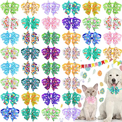 40 Stück Oster-Hunde-Fliege mit Kunststoffschnalle, elastische Katzenfliege mit Kaninchen-Blumen-Ei-Karotten-Zwergmuster für kleine, mittelgroße Haustiere, Welpen, verstellbarer Bereich 21.6,36.7 cm von Talltalk