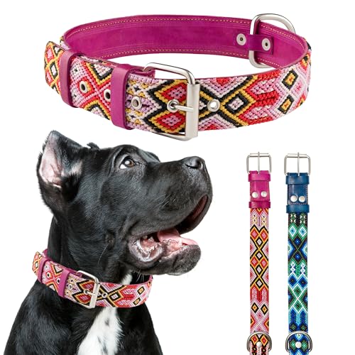 Hundehalsband aus Leder, Azteken, Western, bestickt, handgefertigt, für Jungen, Mädchen, Blau, Rosa, Braun, Lila, für kleine, mittelgroße und große Hunde, niedlich, Halsband para Perros (Rose Blush, von Talrio