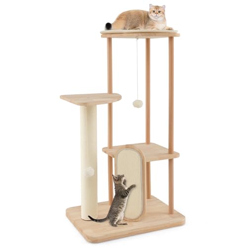 Tangkula Holz Katzenbaum für Indoor-Katzen, mehrstufiger moderner Katzenturm mit Sisal-Kratzbrett & Pfosten, gepolsterte Sitzstange, Plattform, Hängespielzeug, Minimalistisches von Tangkula