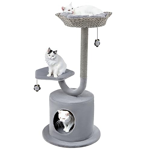 Tangkula Katzenbaum für Indoor-Katzen, 42 Zoll Niedlicher Katzenturm mit gebogenem Metallstützrahmen, Sisal-Kratzstämme, obere Sitzstange, Katzenhütte, 3-lagiger Kleiner Blumen-Katzenbaumturm von Tangkula