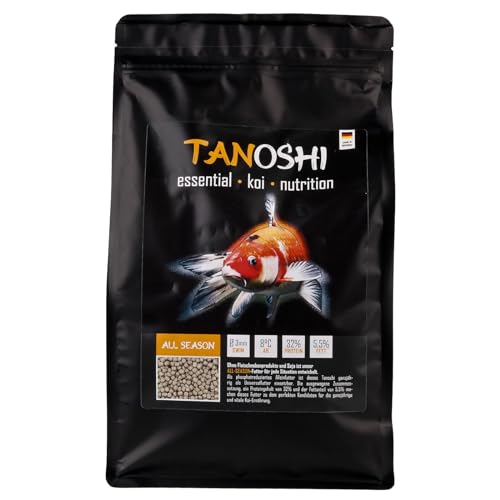 Tanoshi Koifutter - All Season 1,2 kg 3-6mm | Schwimmendes Ganzjahres Allein-Koifutter für ausgewogene Koi-Ernährung mit Lachsöl (3 mm) von Tanoshi